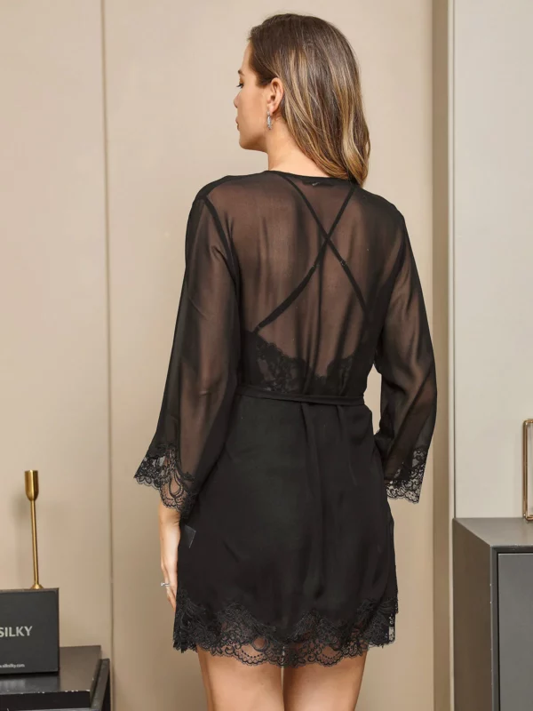 100% Mulberry Silk V Neck sexy Sheer Nightgown & Robe Set with lace