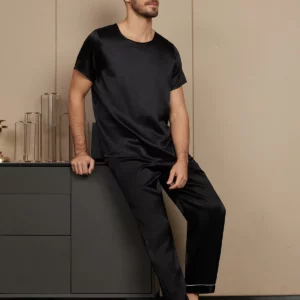 100% mulberry Silk Short Sleeve Round Neck Men's Pajamas Set with Pants - Image 2