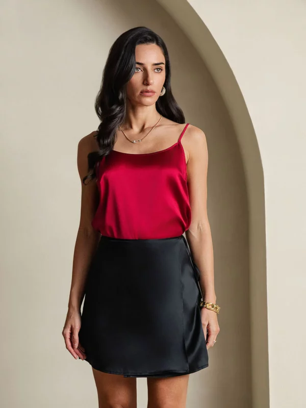 19Momme 100% mulberry Silk satin A Line Wrap Mini Skirt with Tie Waist Design