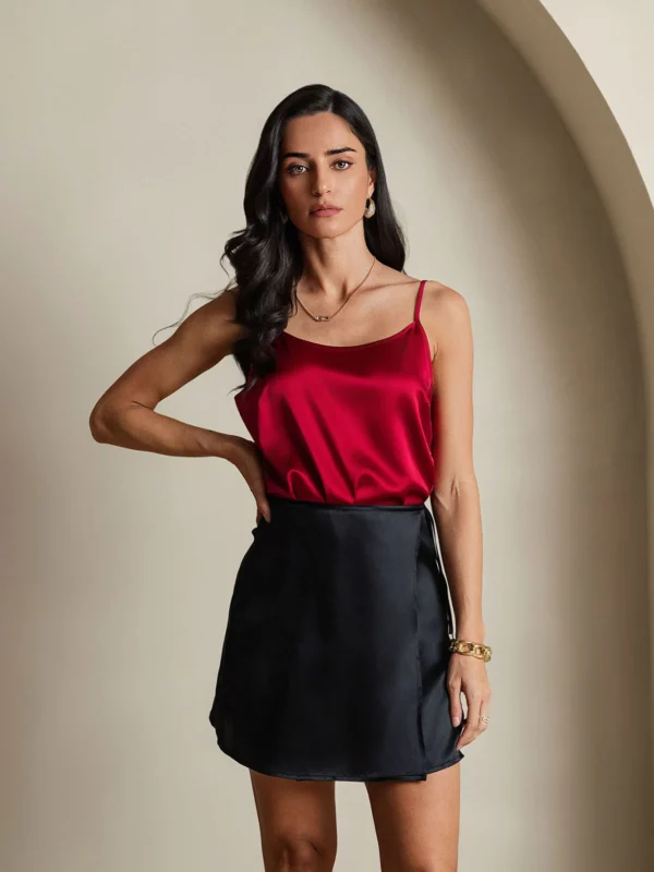 19Momme 100% mulberry Silk satin A Line Wrap Mini Skirt with Tie Waist Design
