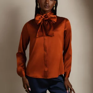 19 momme mulberry Silk Long Sleeve High Neck Bow Tie Blouse - Image 7
