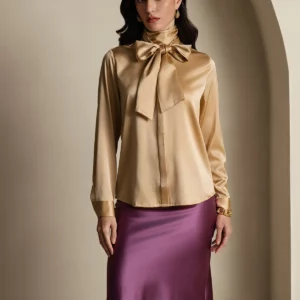 19 momme mulberry Silk Long Sleeve High Neck Bow Tie Blouse - Image 9
