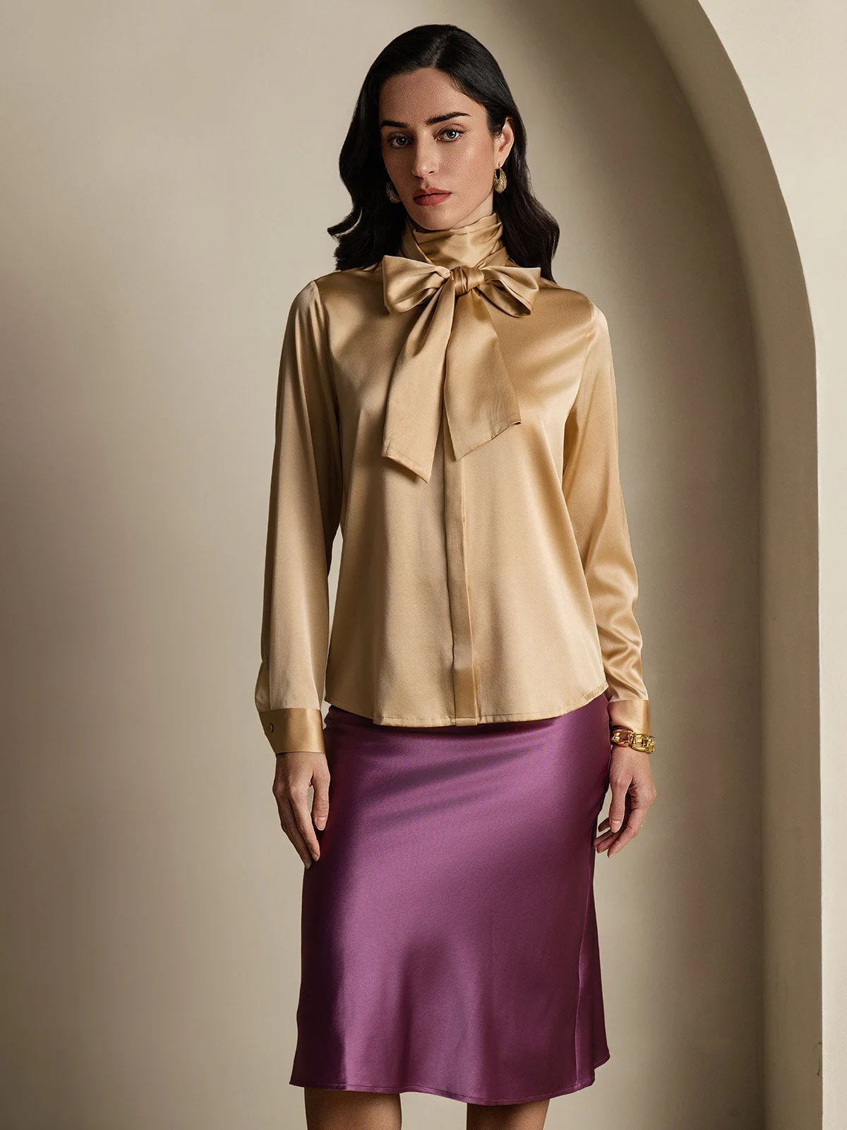 19 momme mulberry Silk Long Sleeve High Neck Bow Tie Blouse - Image 9