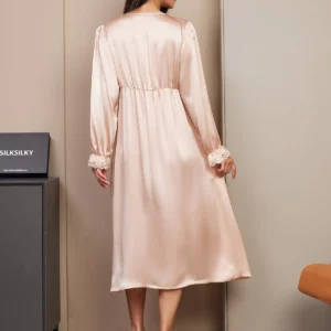 100% mulberry Silk Long Sleeve V-neck Midi Nightgown with Lace Design - Image 5