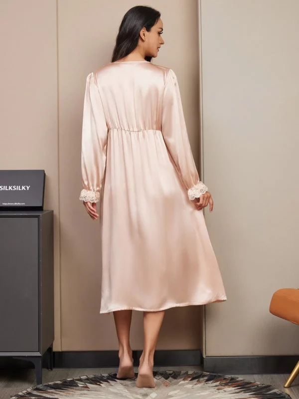100% mulberry Silk Long Sleeve V-neck Midi Nightgown with Lace Design