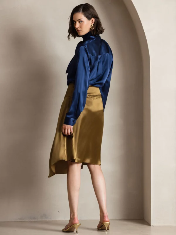 19 momme mulberry Silk Long Sleeve High Neck Bow Tie Blouse