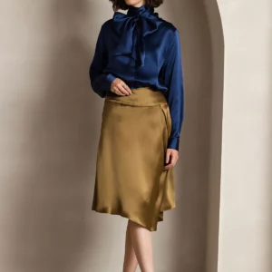 19 momme mulberry Silk Long Sleeve High Neck Bow Tie Blouse - Image 2