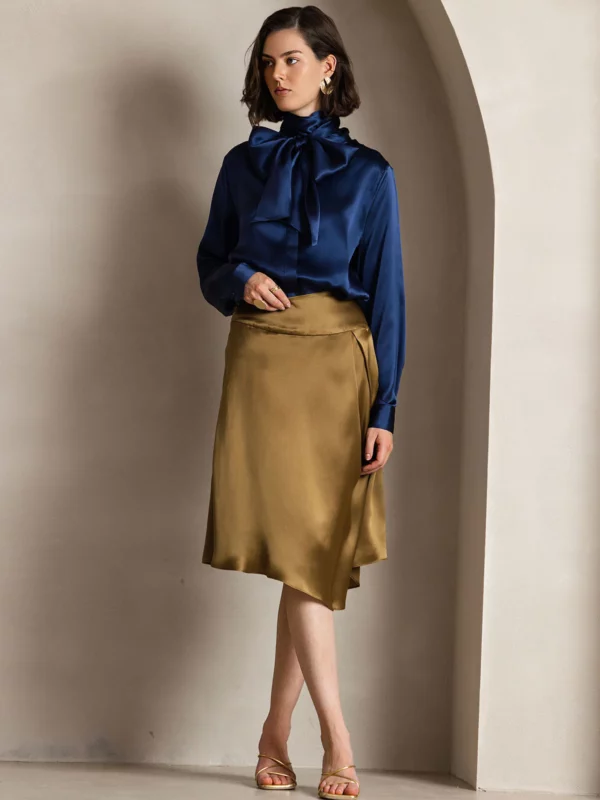 19 momme mulberry Silk Long Sleeve High Neck Bow Tie Blouse