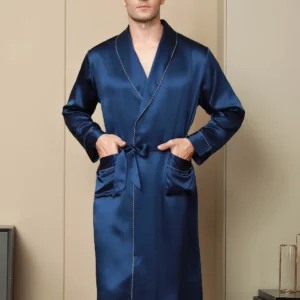 100% mulberry Silk Men's Contrast Piping Belted Robe - Image 3