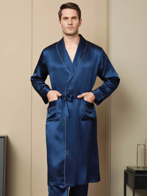 100% mulberry Silk Men's Contrast Piping Belted Robe