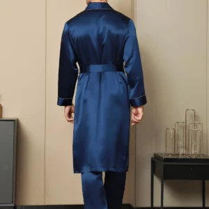 100% mulberry Silk Men's Contrast Piping Belted Robe - Image 2