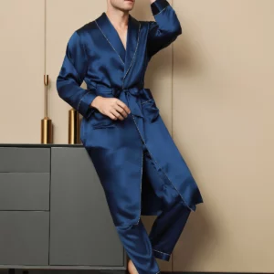 100% mulberry Silk Men's Contrast Piping Belted Robe - Image 1