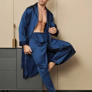 100% mulberry Silk Men's Contrast Piping Belted Robe - Image 4