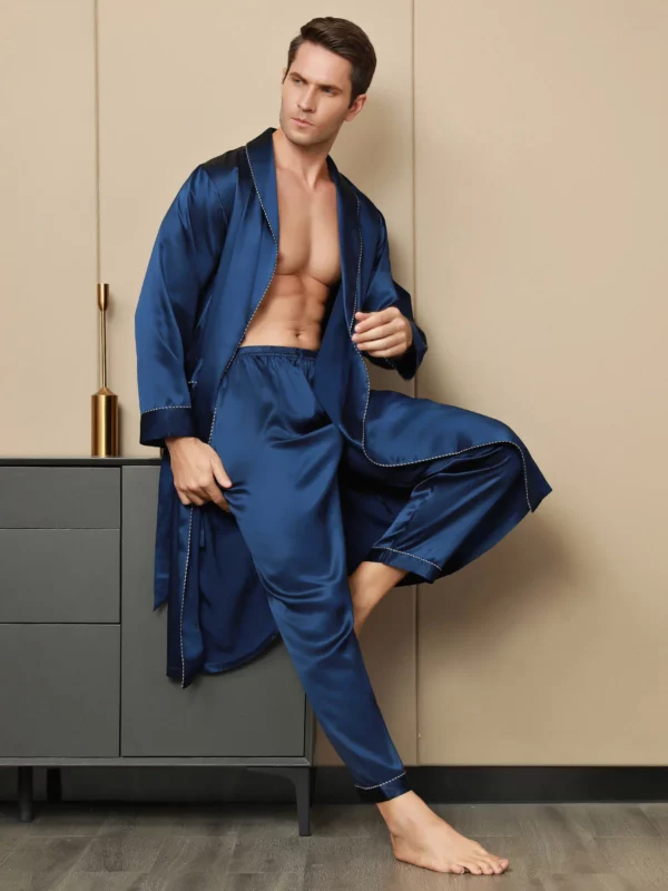 100% mulberry Silk Men's Contrast Piping Belted Robe