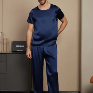 100% mulberry Silk Short Sleeve Round Neck Men's Pajamas Set with Pants - Image 4
