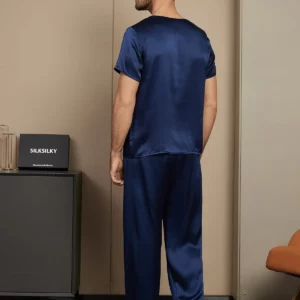 100% mulberry Silk Short Sleeve Round Neck Men's Pajamas Set with Pants - Image 3