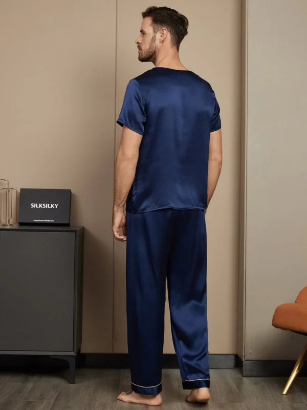 100% mulberry Silk Short Sleeve Round Neck Men's Pajamas Set with Pants