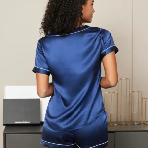 100% mulberry Silk Short V-neck Above the Knee Women's Pajamas Set with outlines silhouette - Image 4