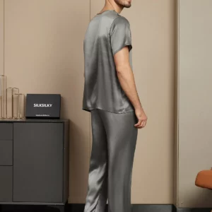 100% mulberry Silk Short Sleeve Round Neck Men's Pajamas Set with Pants - Image 5