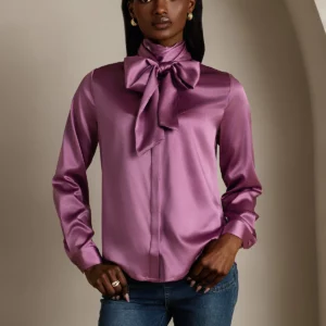 19 momme mulberry Silk Long Sleeve High Neck Bow Tie Blouse - Image 8