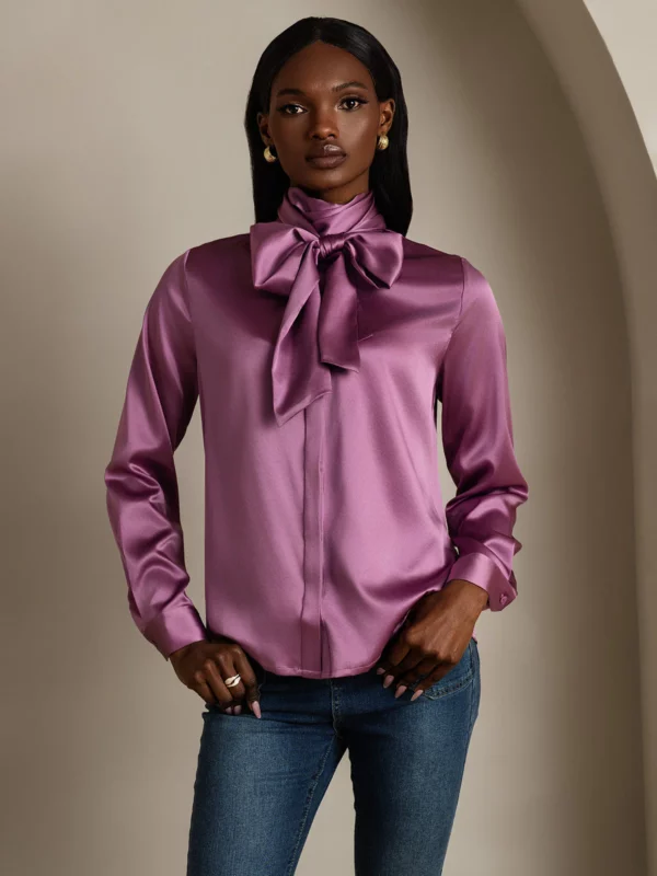 19 momme mulberry Silk Long Sleeve High Neck Bow Tie Blouse