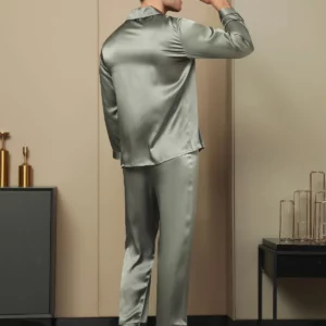 19Momme mulberry Silk Men's Long Sleeve Notch Collar Pajamas Set - Image 2