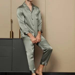 19Momme mulberry Silk Men's Long Sleeve Notch Collar Pajamas Set - Image 1