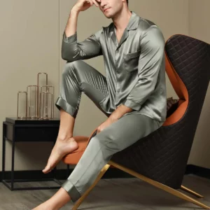 19Momme mulberry Silk Men's Long Sleeve Notch Collar Pajamas Set - Image 3