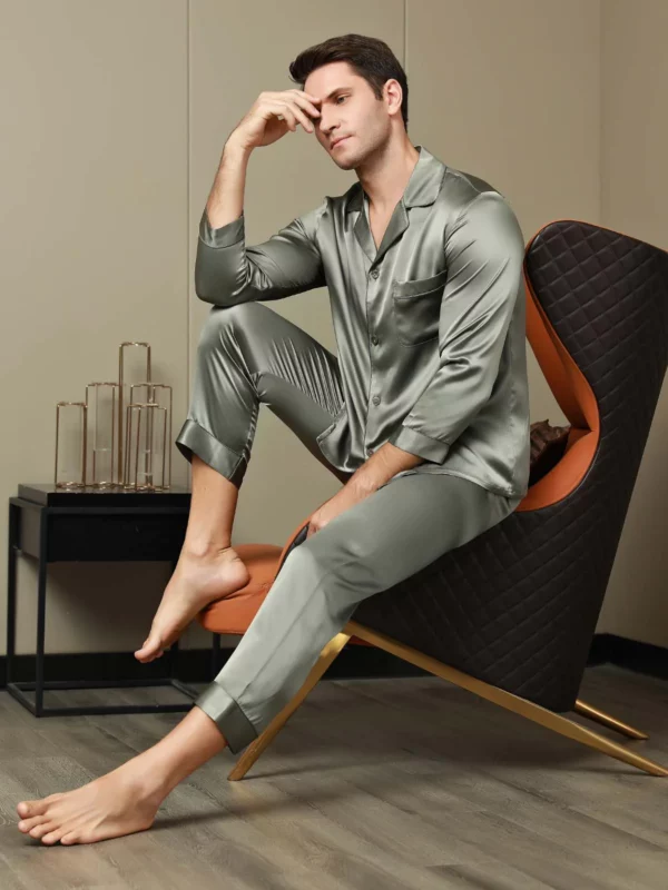 19Momme mulberry Silk Men's Long Sleeve Notch Collar Pajamas Set