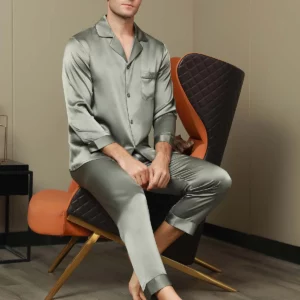 19Momme mulberry Silk Men's Long Sleeve Notch Collar Pajamas Set - Image 4