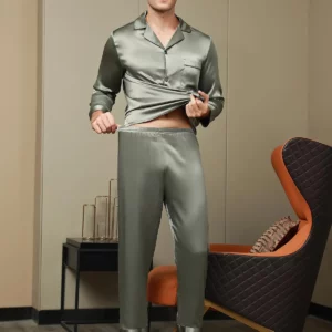 19Momme mulberry Silk Men's Long Sleeve Notch Collar Pajamas Set - Image 5
