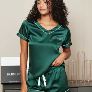 100% mulberry Silk Short V-neck Above the Knee Women's Pajamas Set with outlines silhouette - Image 5