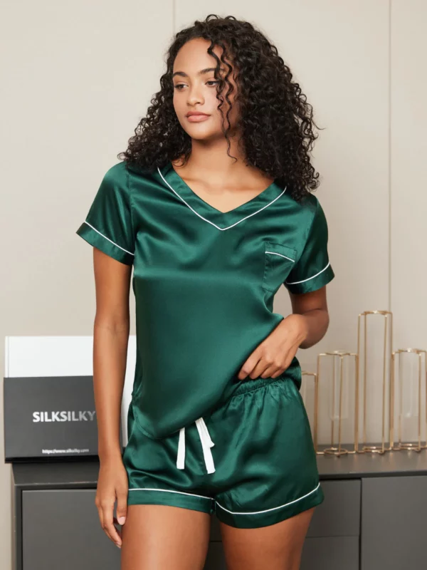 100% mulberry Silk Short V-neck Above the Knee Women's Pajamas Set with outlines silhouette