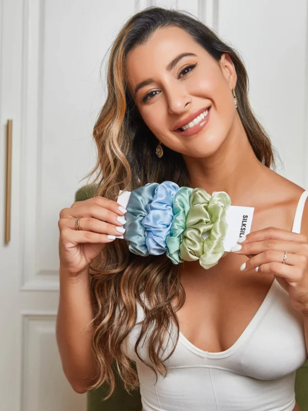 19 Momme 5Pcs 100% mulberry Silk Midnight Scrunchies Bundle - Middle - 3.5cm