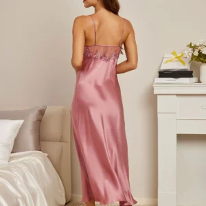 100% mulberry Silk Spaghetti Strap V-neck long Midi Nightgown with Lace Design - Image 2