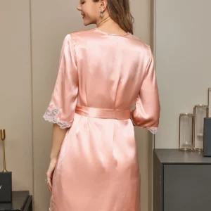 100% Mulberry Silk V Neck Short Nightgown & Robe Set with Lace Design - Image 3