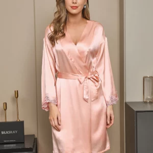 100% Mulberry Silk Lace Short Nightgown&Robe Set with Split Design - Image 7