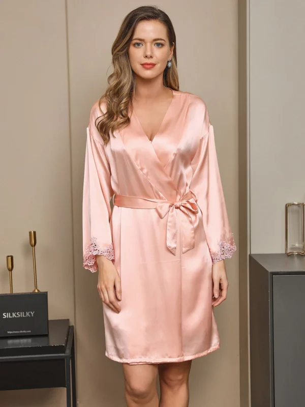 100% Mulberry Silk Lace Short Nightgown&Robe Set with Split Design