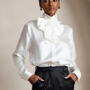 19 momme mulberry Silk Long Sleeve High Neck Bow Tie Blouse - Image 3