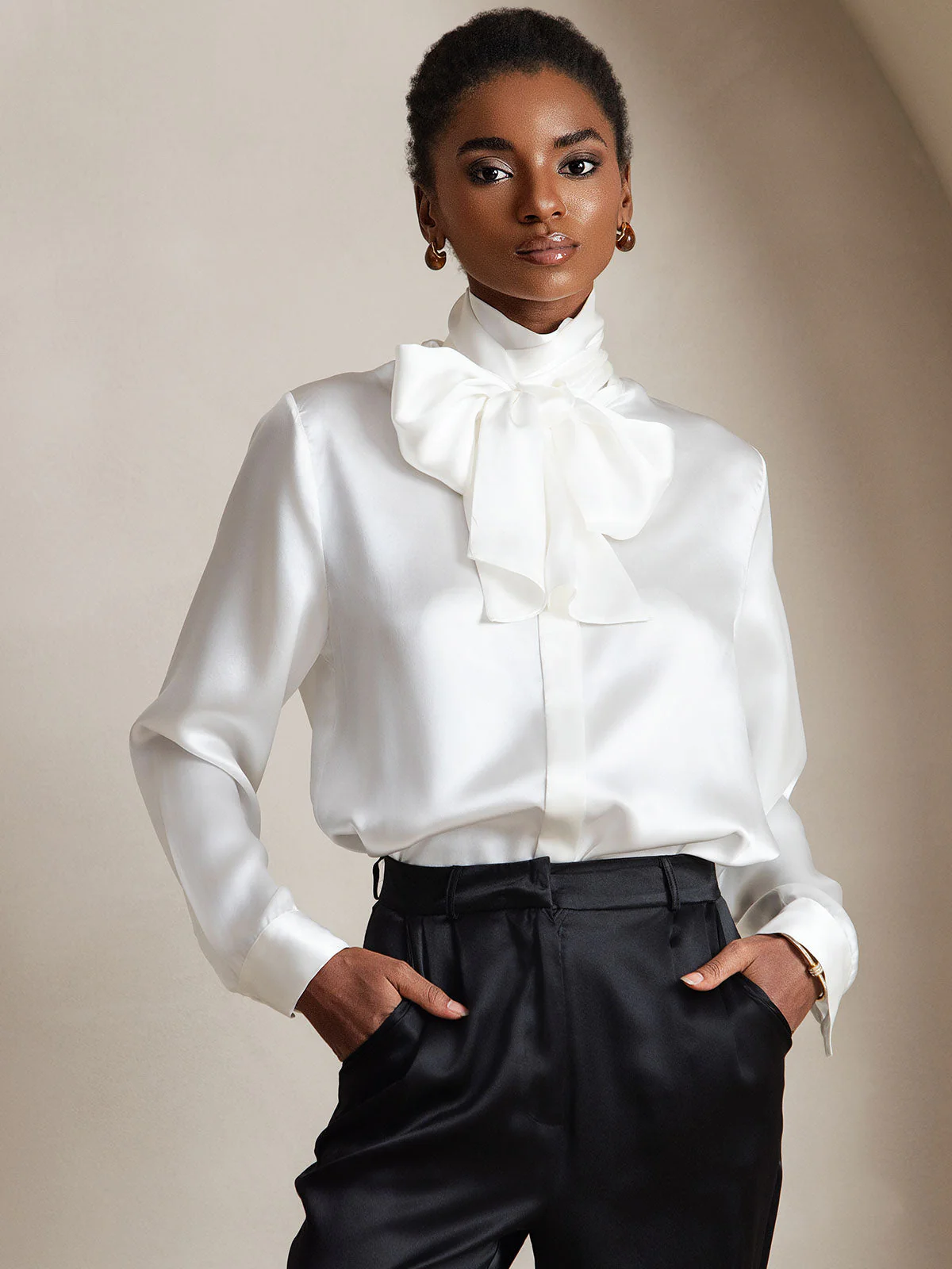 19 momme mulberry Silk Long Sleeve High Neck Bow Tie Blouse - Image 3