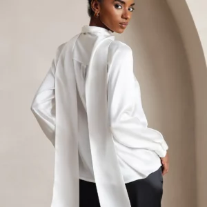 19 momme mulberry Silk Long Sleeve High Neck Bow Tie Blouse - Image 5