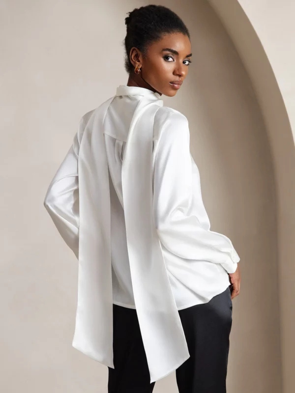 19 momme mulberry Silk Long Sleeve High Neck Bow Tie Blouse