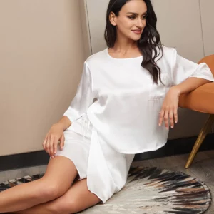 100% mulberry Silk Women's Pure Silk Half Sleeve Cropped Tee & Skirt Pj Set - Image 7