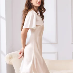 women's 100% mulberry Silk Puff Sleeve V-neck Short Nightgown - Image 10