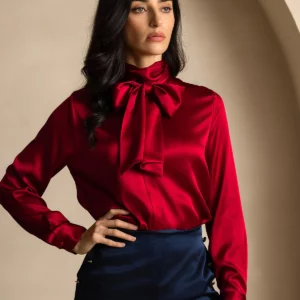 19 momme mulberry Silk Long Sleeve High Neck Bow Tie Blouse - Image 6