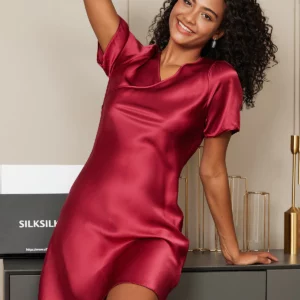 women's 100% mulberry Silk Puff Sleeve V-neck Short Nightgown - Image 4