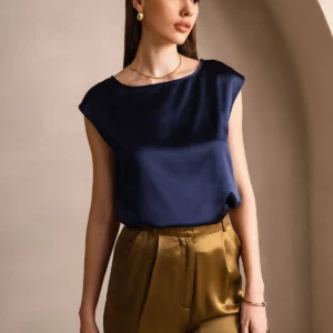 19Momme mulberry Silk Cap Sleeve Round Neck Women's Top - Image 9