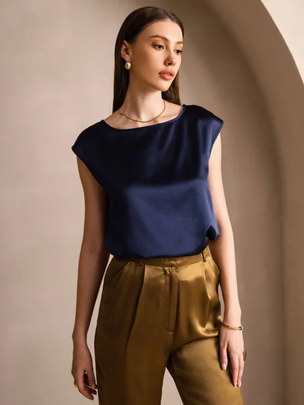 19Momme mulberry Silk Cap Sleeve Round Neck Women's Top