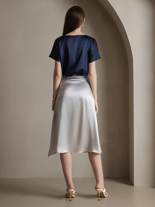 19 momme Mulberry Silk A Line Long Slit satin Skirt with Zipper Design