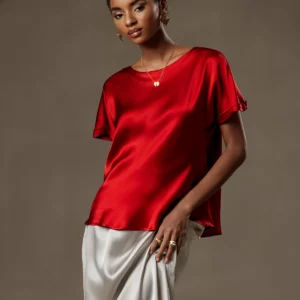 19Momme mulberry Silk Short Sleeve Boat Neck Women's T-Shirt - Image 11